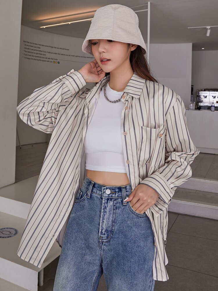 DAZY 條紋印花前紐扣襯衫 - 彩色 - 查看 8