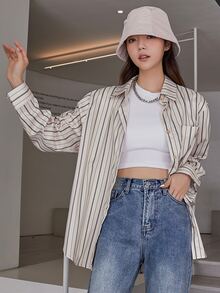 DAZY 條紋印花前紐扣襯衫 - 彩色 - 查看 3