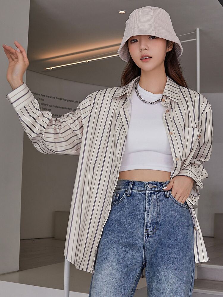 DAZY 條紋印花前紐扣襯衫 - 彩色 - 查看 3