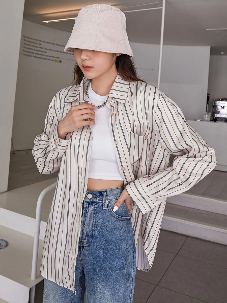 DAZY 條紋印花前紐扣襯衫 - 彩色 - 查看 1
