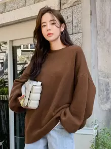 DAZY Suéter holgado de punto acanalado con hombros caídos, manga larga, ropa de mujer de otoño - Café integral - Ver 5
