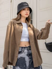 DAZY Áo sơ mi Đã vá Túi Thả vai - Màu nâu  Mocha - Xem 2