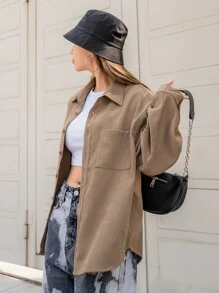 DAZY Áo sơ mi Đã vá Túi Thả vai - Màu nâu  Mocha - Xem 3