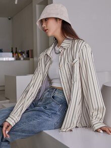 DAZY 條紋印花前紐扣襯衫 - 彩色 - 查看 6