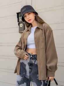 DAZY Áo sơ mi Đã vá Túi Thả vai - Màu nâu  Mocha - Xem 4