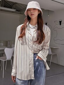 DAZY 條紋印花前紐扣襯衫 - 彩色 - 查看 4