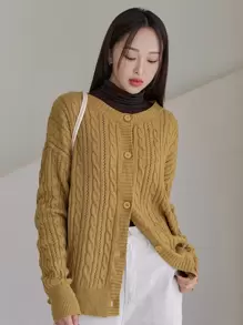 DAZY Cárdigan & tejido de cable de hombros caídos - Mostaza Amarilla - Ver 1
