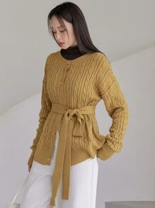 DAZY Cárdigan & tejido de cable de hombros caídos - Mostaza Amarilla - Ver 3