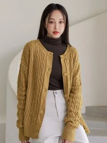 DAZY Cárdigan & tejido de cable de hombros caídos - Mostaza Amarilla - Ver 5