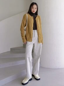 DAZY Cárdigan & tejido de cable de hombros caídos - Mostaza Amarilla - Ver 6