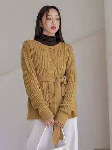DAZY Cárdigan & tejido de cable de hombros caídos - Mostaza Amarilla - Ver 7