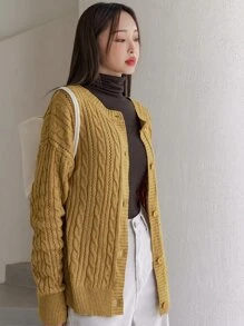 DAZY Cárdigan & tejido de cable de hombros caídos - Mostaza Amarilla - Ver 8