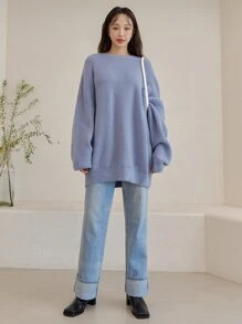 DAZY Sólido Jersey Holgado De Hombros Caídos - Neblina azul - Ver 9