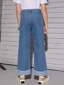 SHEIN 女孩斜口袋闊腿牛仔褲 - 中等水洗藍 - 查看 2