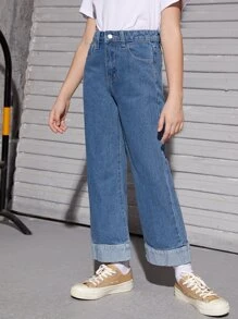 SHEIN 女孩斜口袋闊腿牛仔褲 - 中等水洗藍 - 查看 3