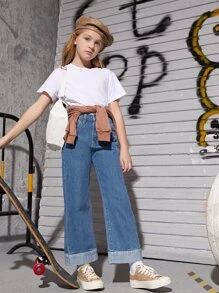 SHEIN 女孩斜口袋闊腿牛仔褲 - 中等水洗藍 - 查看 4