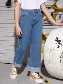 SHEIN 女孩斜口袋闊腿牛仔褲 - 中等水洗藍 - 查看 5