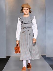 SHEIN 女孩格子拼接荷葉邊腰帶假兩件洋裝