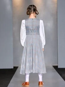 SHEIN 女孩格子拼接荷葉邊腰帶假兩件洋裝