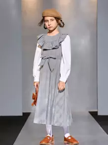 SHEIN 女孩格子拼接荷葉邊腰帶假兩件洋裝