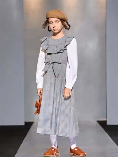 SHEIN Omgiven Knapp Krås Dragkedja Färgblock Pläd Preppy Flickors Klänning