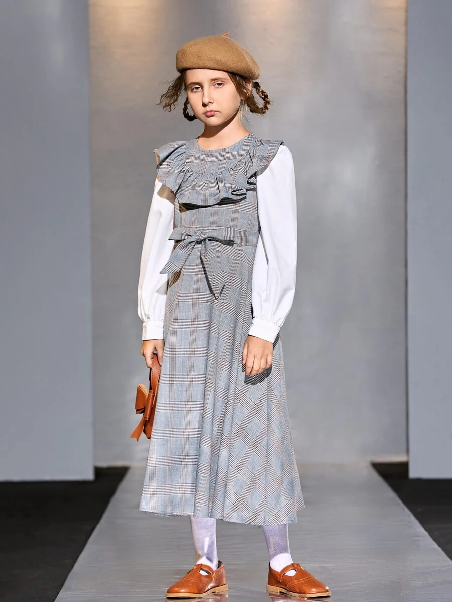 SHEIN 女孩格子拼接荷葉邊腰帶假兩件洋裝