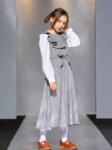 SHEIN 女孩格子拼接荷葉邊腰帶假兩件洋裝
