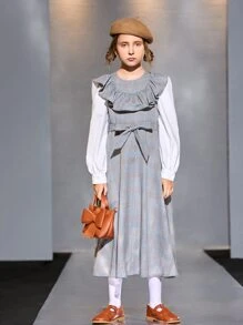 SHEIN 女孩格子拼接荷葉邊腰帶假兩件洋裝