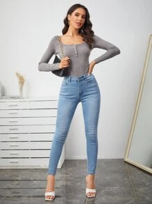 SHEIN Essnce Marble Knit Form-Fitting Henley Tee - Grey - View 4