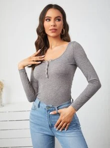 SHEIN Essnce Marble Knit Form-Fitting Henley Tee - Grey - View 5