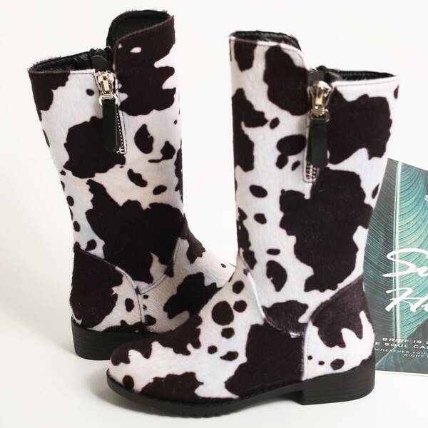 

Girls Cow Print zipper Decor Boots, Black and white
