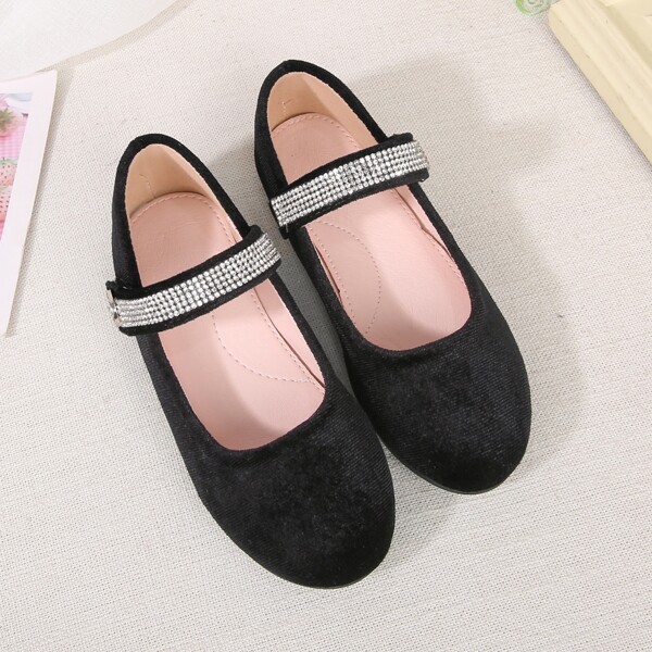 

Girls Velvet Rhinestone Decor Velcro Strap Flats, Black