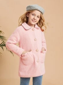SHEIN Girls Dual Pocket Button Front Coat - Baby Pink - View 3