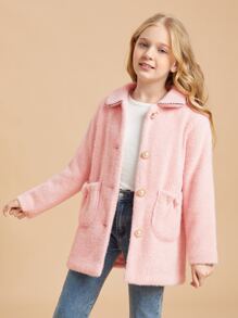 SHEIN Girls Dual Pocket Button Front Coat - Baby Pink - View 4
