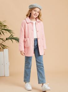SHEIN Girls Dual Pocket Button Front Coat - Baby Pink - View 5