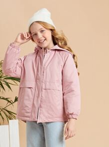 SHEIN Tween Girl Slant Pocket Raglan Sleeve Hooded Padded Coat - Baby Pink - View 1