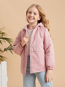 SHEIN Tween Girl Slant Pocket Raglan Sleeve Hooded Padded Coat - Baby Pink - View 3