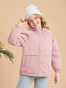 SHEIN Tween Girl Slant Pocket Raglan Sleeve Hooded Padded Coat - Baby Pink - View 4
