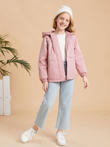 SHEIN Tween Girl Slant Pocket Raglan Sleeve Hooded Padded Coat - Baby Pink - View 5