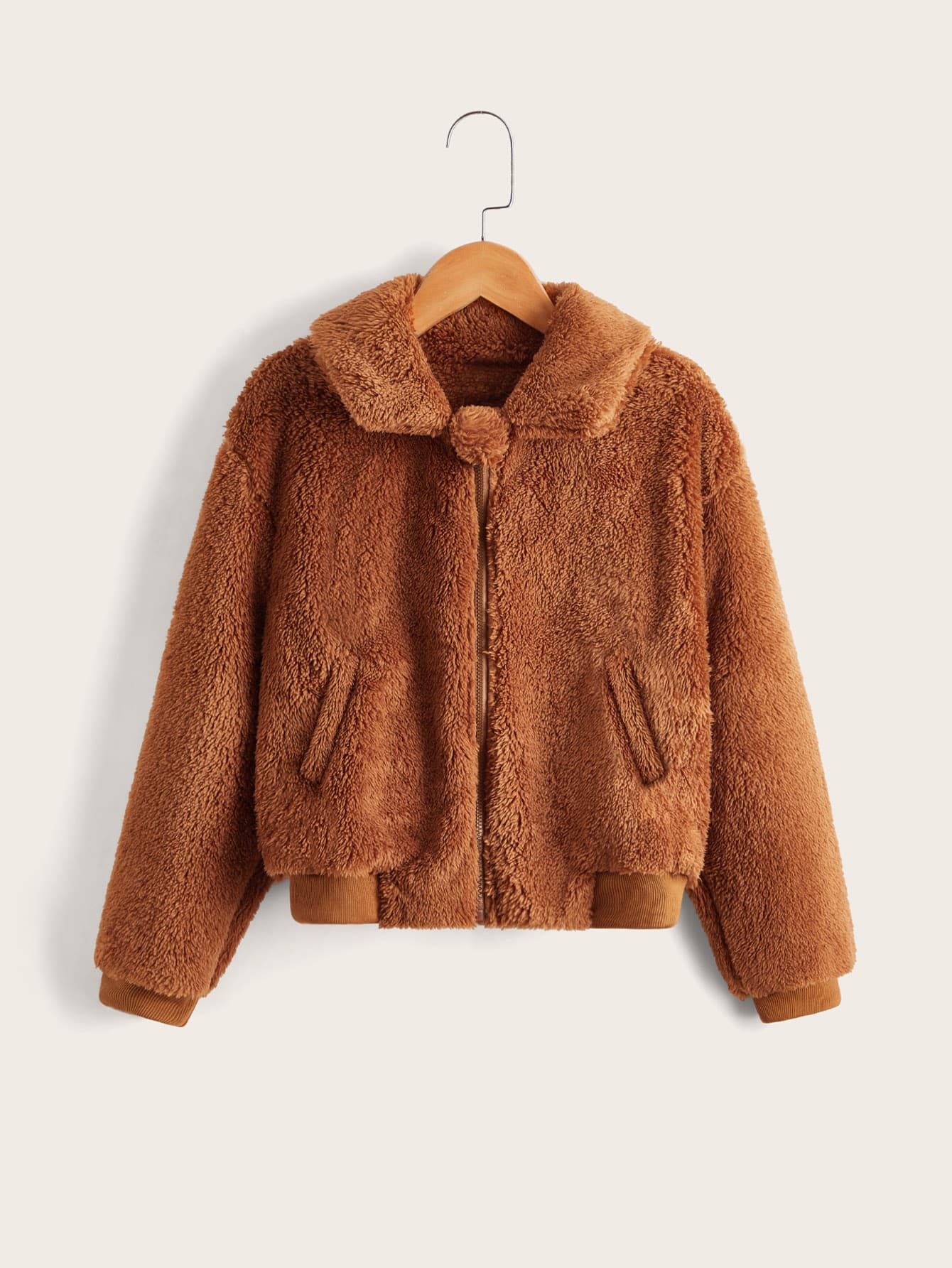 SHEIN Girls Drop Shoulder Zipper Teddy Jacket - Brown - View 1