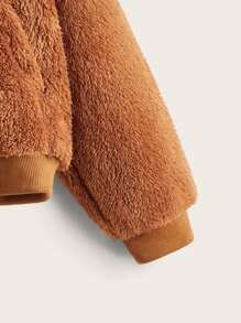 SHEIN Girls Drop Shoulder Zipper Teddy Jacket - Brown - View 3