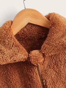 SHEIN Girls Drop Shoulder Zipper Teddy Jacket - Brown - View 4