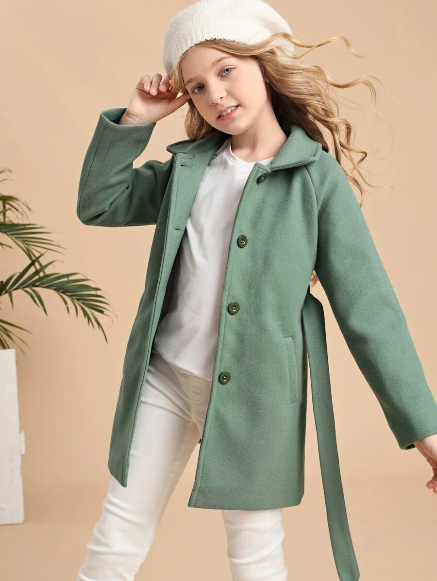 SHEIN Niñas Abrigo de manga raglán con cinturón mezcla de lana - verde menta - Ver 1