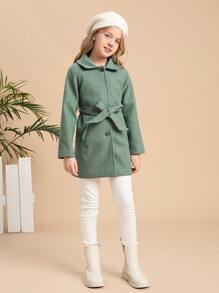 SHEIN Niñas Abrigo de manga raglán con cinturón mezcla de lana - verde menta - Ver 3