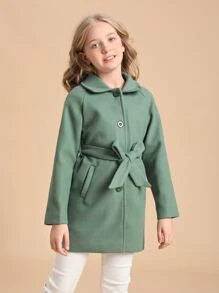 SHEIN Niñas Abrigo de manga raglán con cinturón mezcla de lana - verde menta - Ver 4
