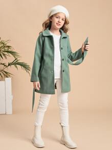 SHEIN Niñas Abrigo de manga raglán con cinturón mezcla de lana - verde menta - Ver 5