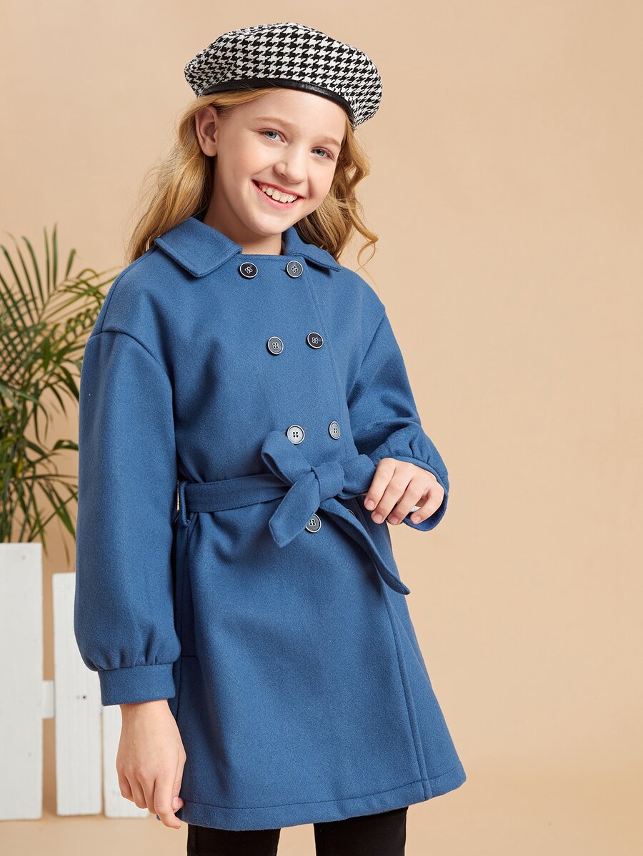 SHEIN Girls Drop Shoulder Double Breasted Belted Overcoat - Royal Blue - View 1