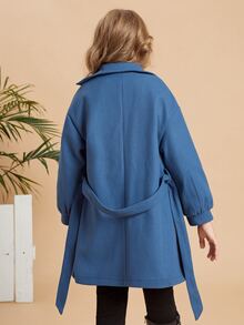 SHEIN Girls Drop Shoulder Double Breasted Belted Overcoat - Royal Blue - View 2