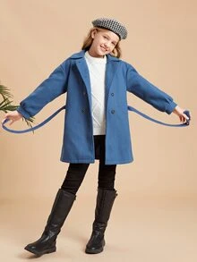 SHEIN Girls Drop Shoulder Double Breasted Belted Overcoat - Royal Blue - View 3