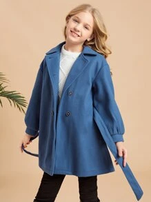 SHEIN Girls Drop Shoulder Double Breasted Belted Overcoat - Royal Blue - View 4